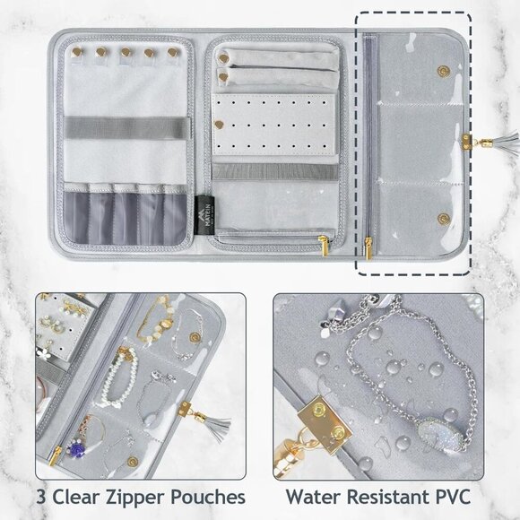 Jewelry Travel Organizer for Women, Tangle Free Portable Leather Jewelry Storage - Picture 5 of 8